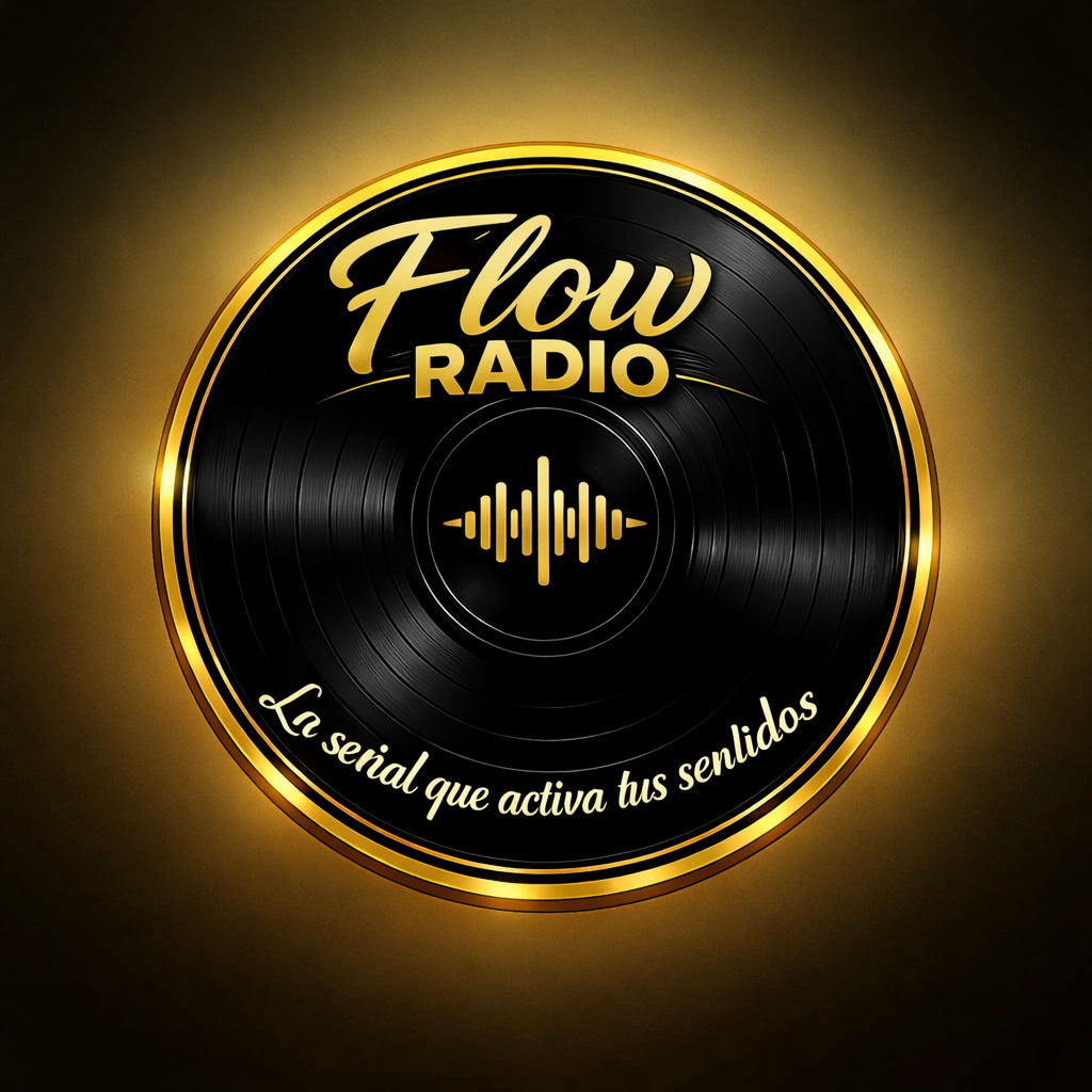 Emblema de Flow Radio: disco de vinilo negro con borde dorado, ondas de sonido en el centro y el texto La señal que activa tus sentidos